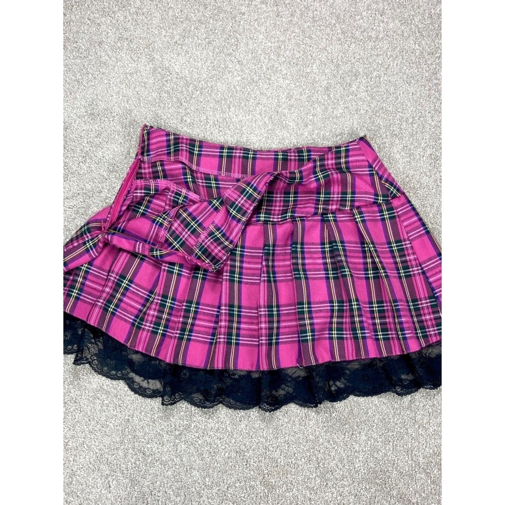 Lace Trim Pleated Plaid Academia Mini Skirt Womens S Pink Black Coquette Grunge - Picture 4 of 9